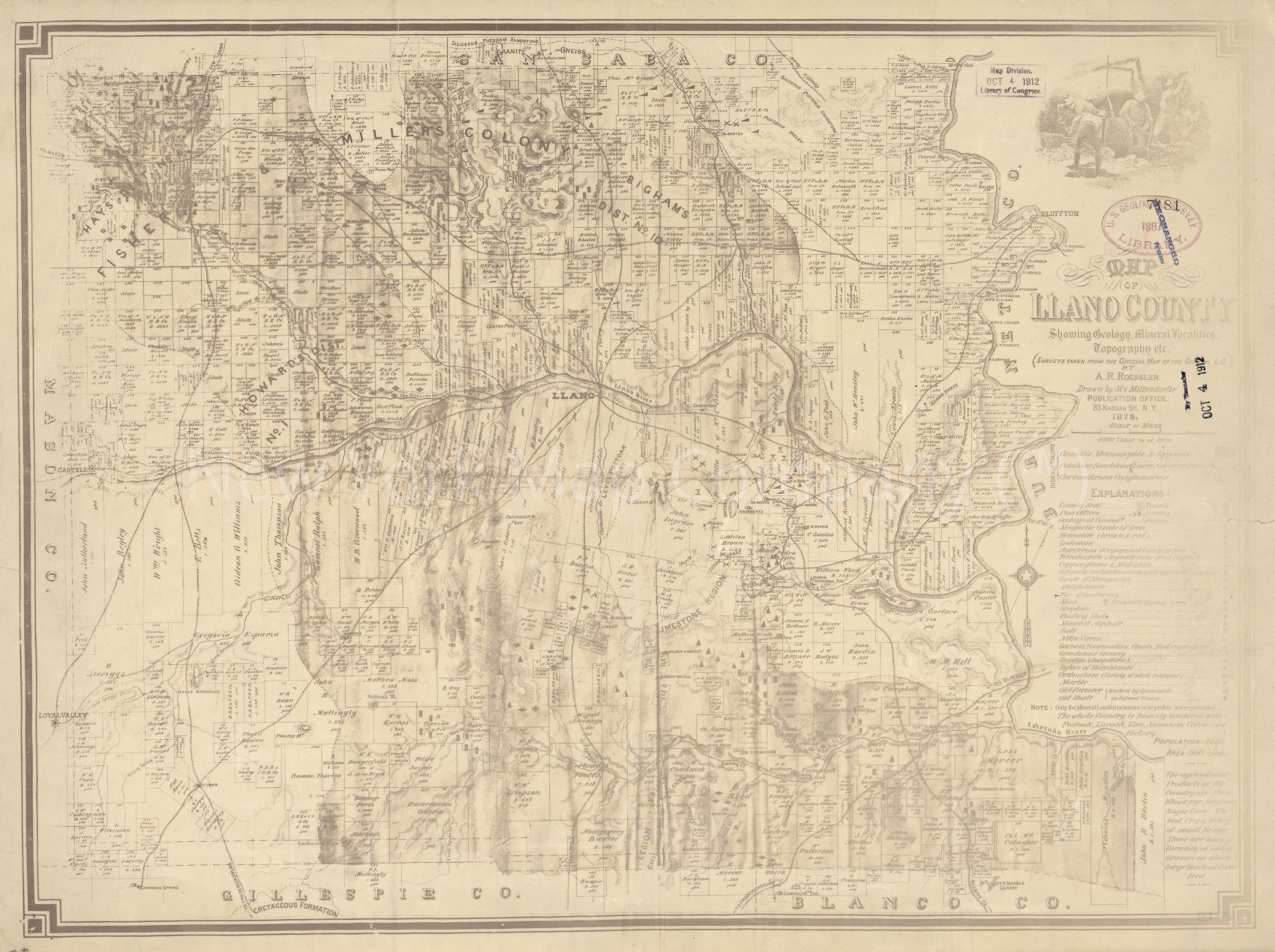 1875 Map| Map of Llano County : showing geology, mineral localities ...